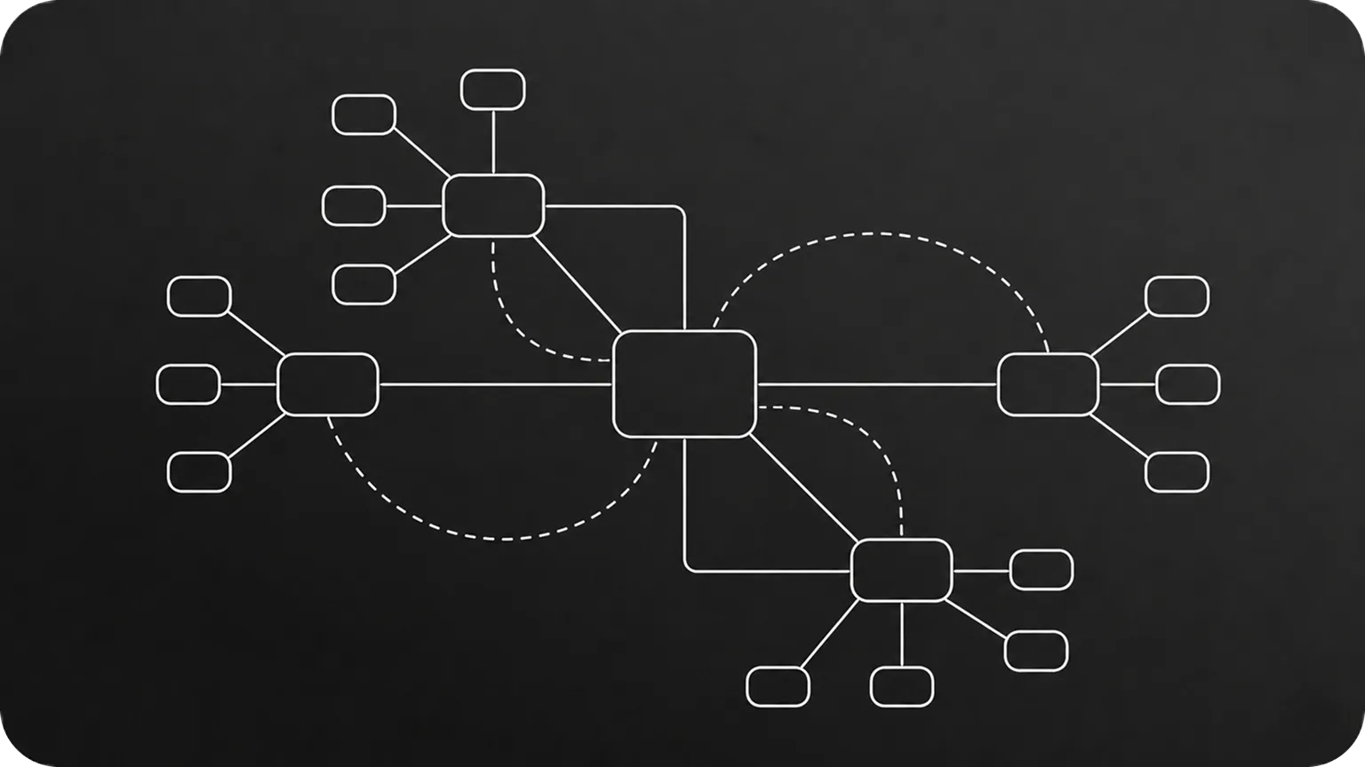 Node-and-edge agent network diagram in white thin-line style on a dark gradient background, representing an agentic GTM system architecture
