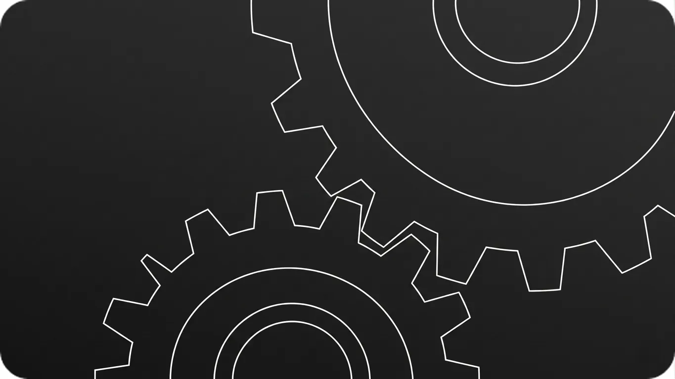 Two interlocking gears in white thin-line blueprint style on a dark gradient background, illustrating GTM technical debt and broken go-to-market mechanics